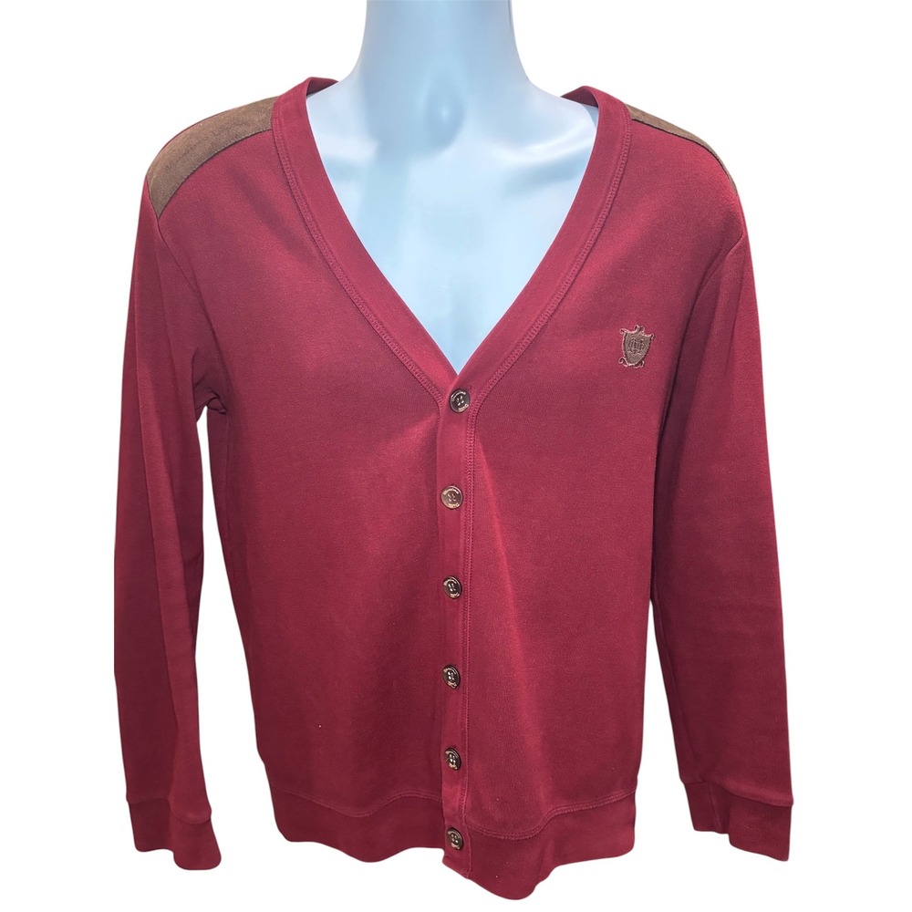 Massimo Dutti Burgundy Cardigan XL Suede Elbow‎ Patches Crest Logo V-Neck